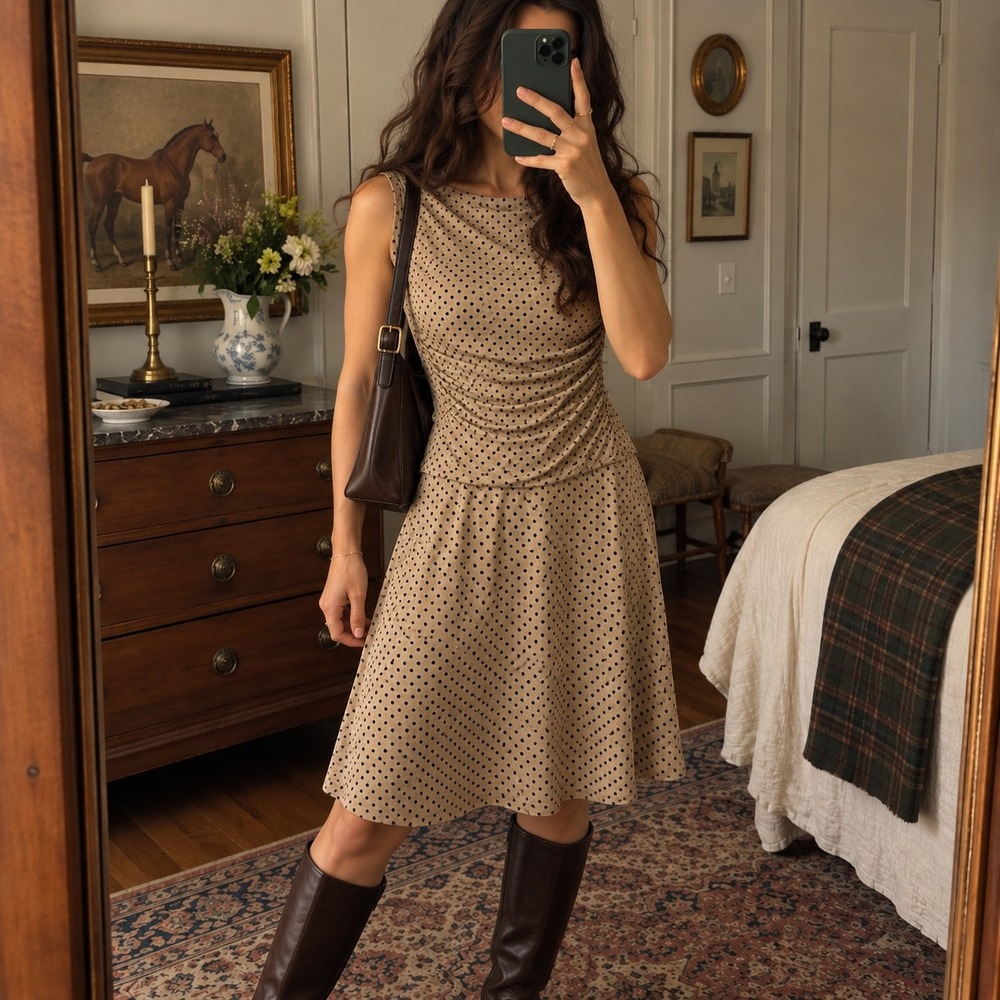 Polka Dot Dress Womens Medium Tan Academia Minimalist Old Money Preppy